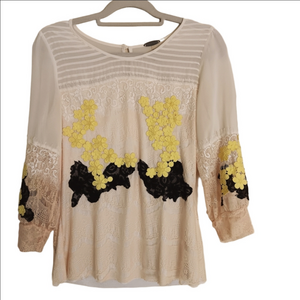 Gimmicks by BKE  Cream Yellow & Black Embroidery & Lace Lined & Semi Sheer Top M